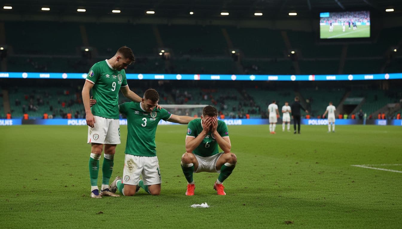 Three Republic of Ireland players huddle with heads down on the pitch after a penalty shootout defeat to Czechia in the World Cup 2026 playoff, captured in an emotional nighttime photo in a stadium.