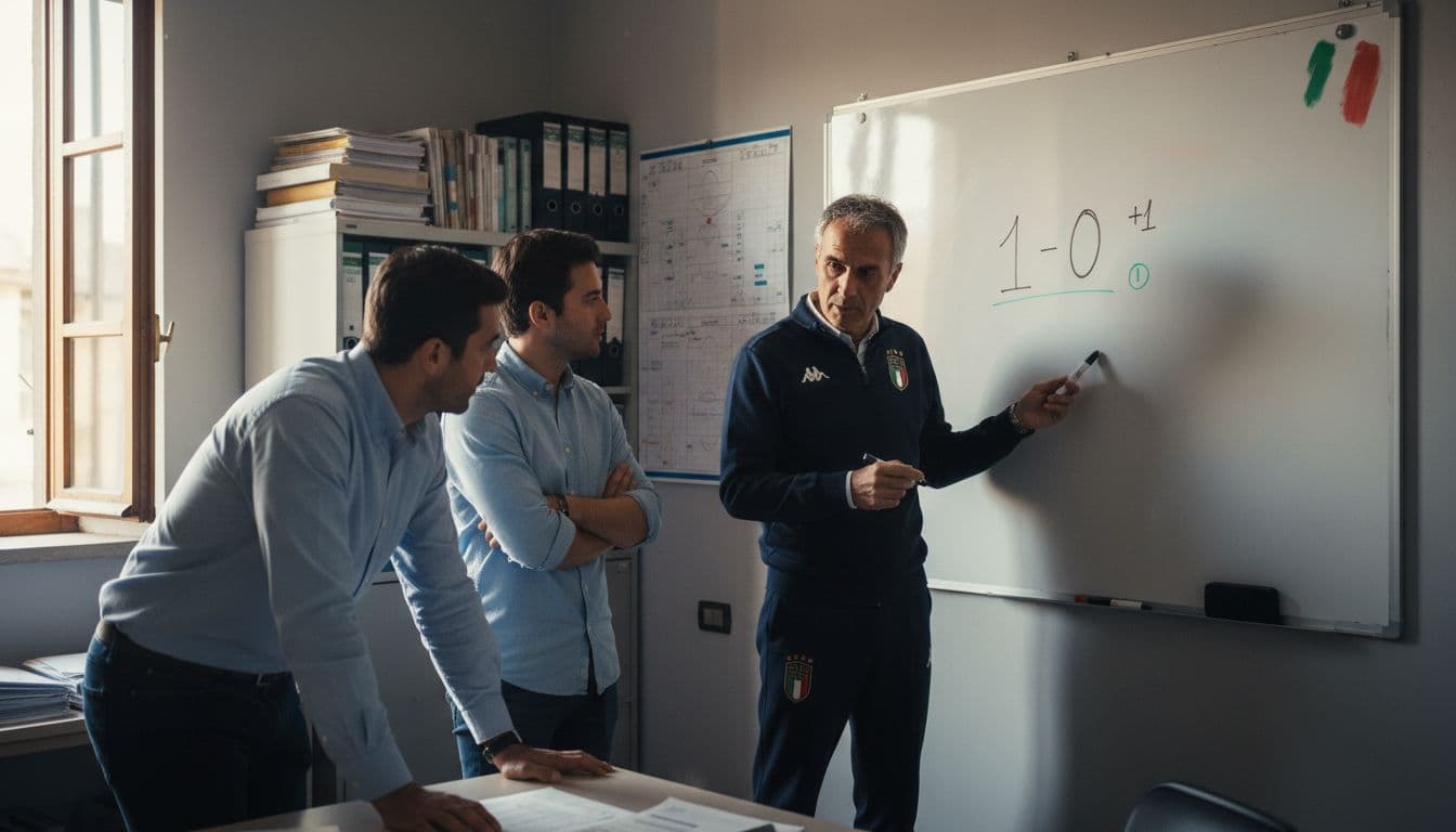 An Italian football coach and two analysts intently review simple World Cup scorelines like 1-0 on a whiteboard, noting clean sheets and goal differences, with an Italian flag in the background in a naturally lit office.