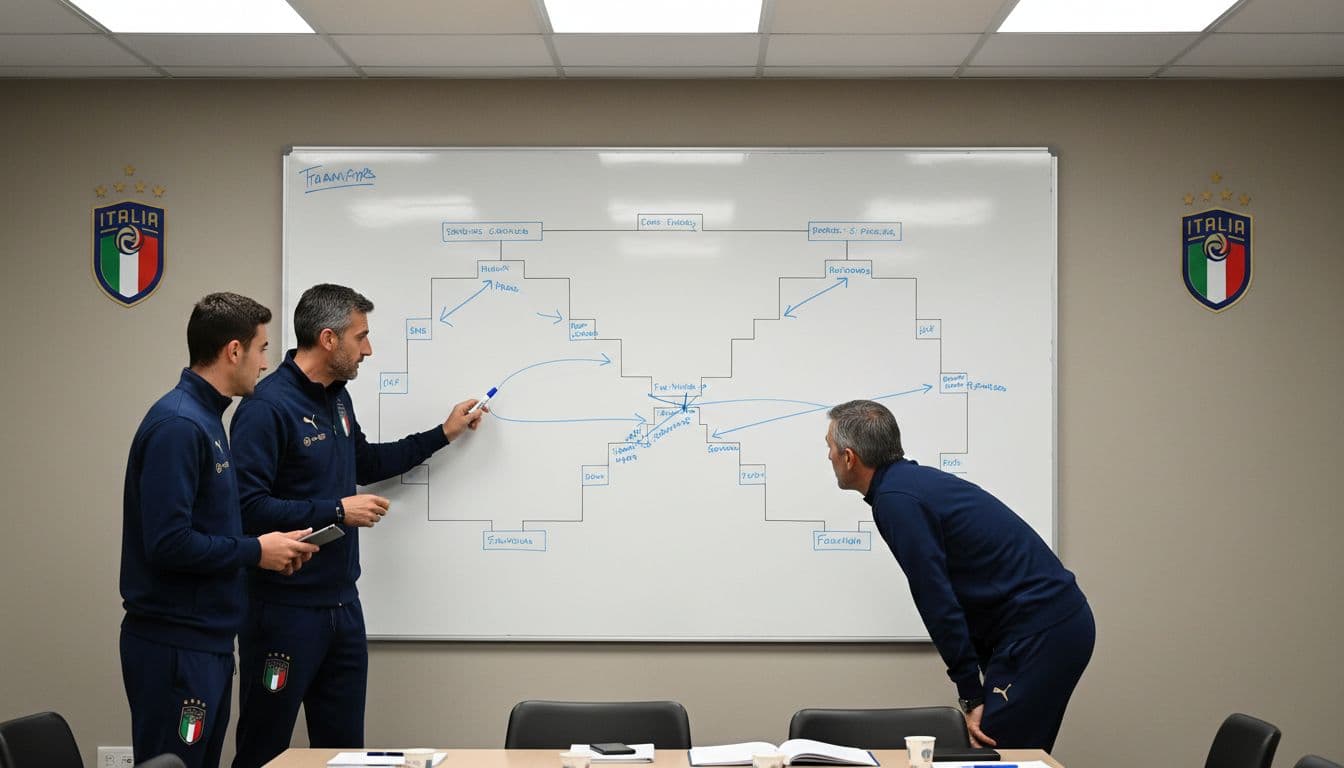 Italian national team coach and two analysts in a meeting room review World Cup tournament bracket and predictions on a whiteboard with Italy's paths in blue, engaged in relaxed discussion.