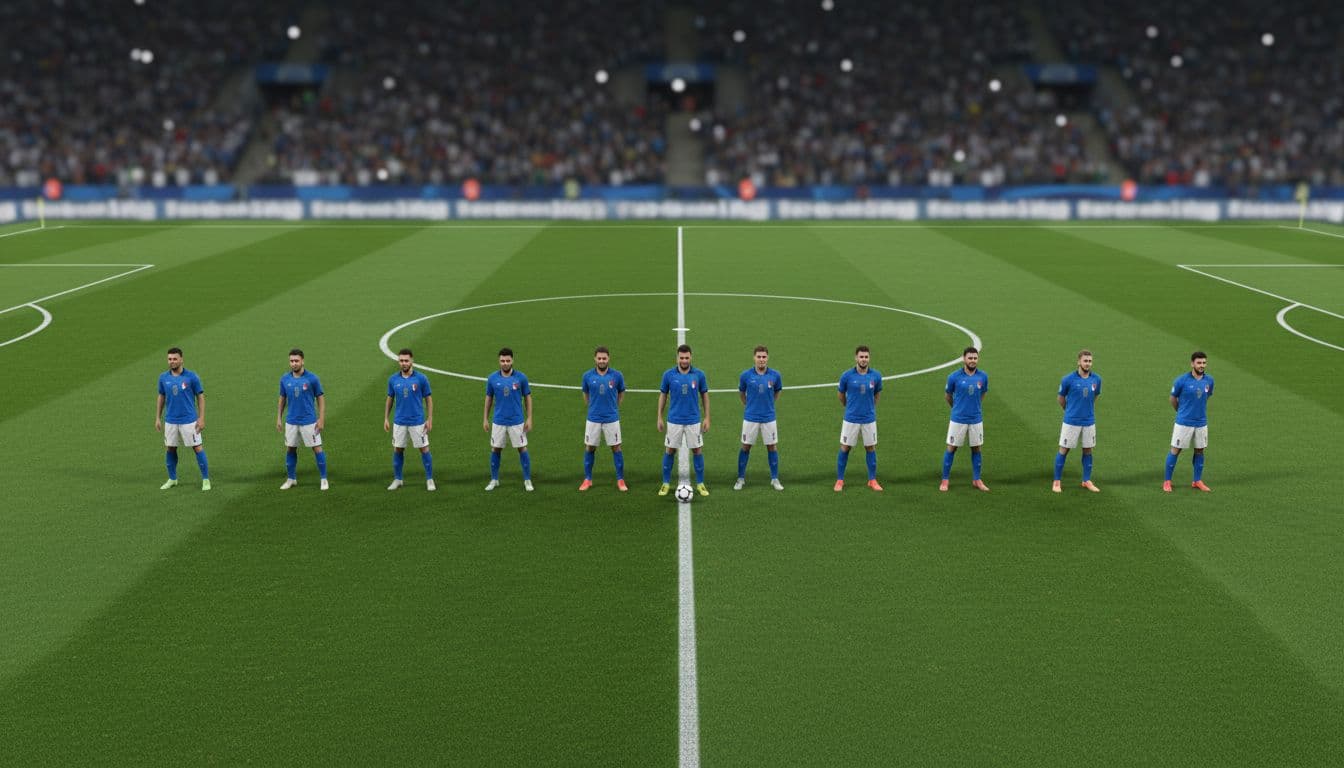 Overhead realistic render of the Italian national football team in classic 3-5-2 formation on a green soccer pitch, featuring blue jerseys, precise player positions, and dynamic lighting with a faint stadium background.