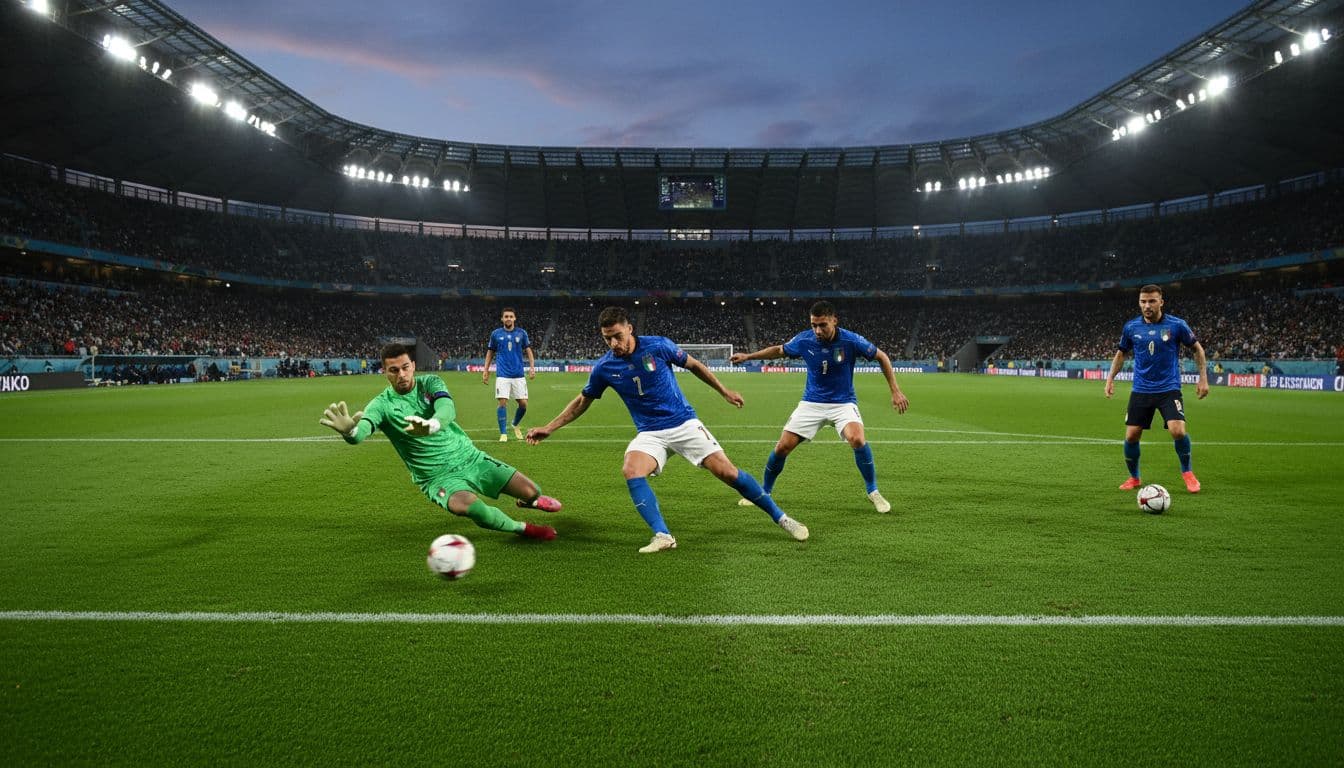 Six key players from the Italian national football team positioned by lines on a green soccer field: goalkeeper ready to catch, two central defenders tackling, two midfielders controlling the ball, and one striker advancing, set in a stadium under evening lights in realistic photography style.