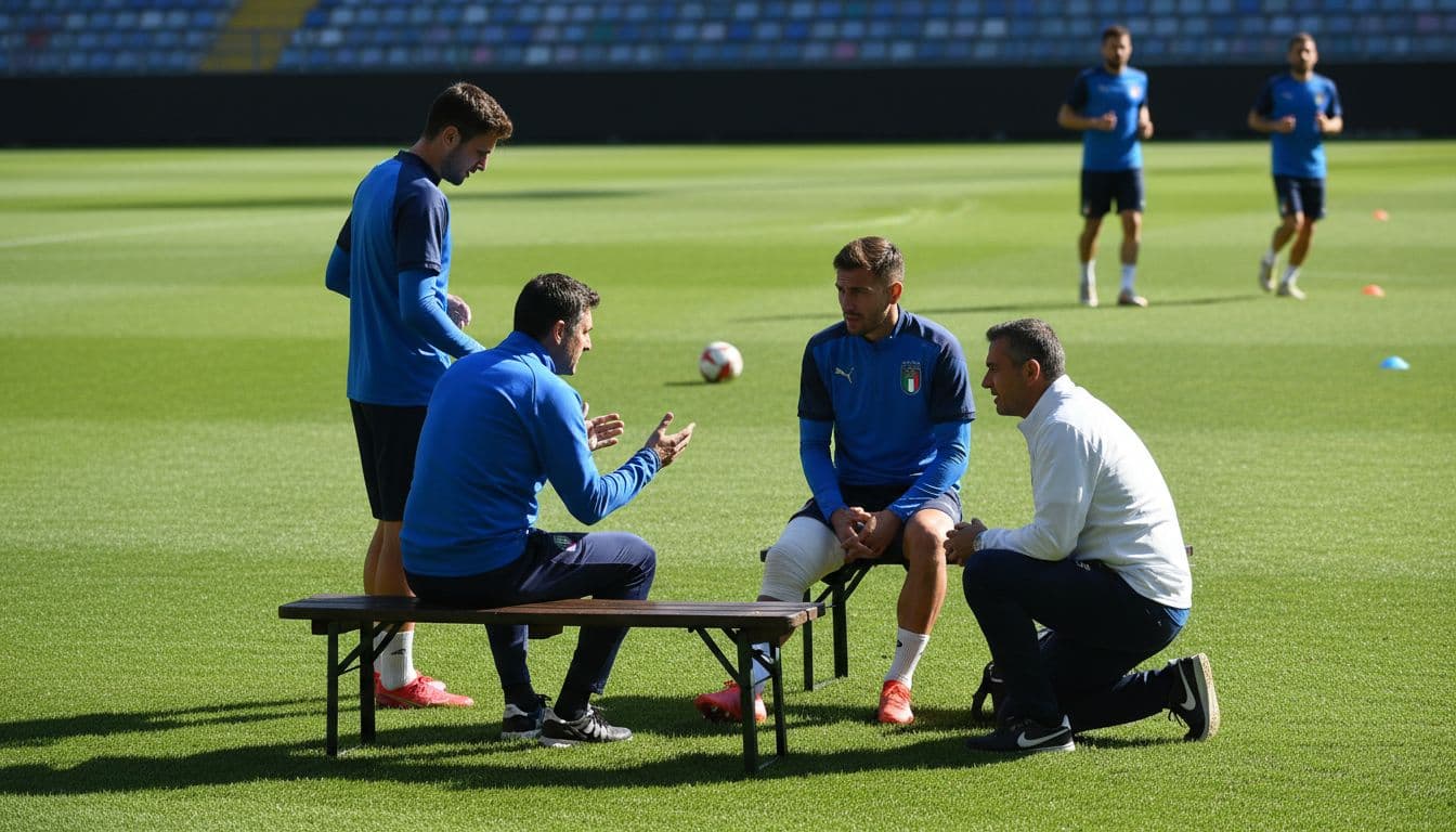 Italian national soccer team training on green pitch under sunny afternoon light, coach rotating bench players while medic applies ice pack to injured player.