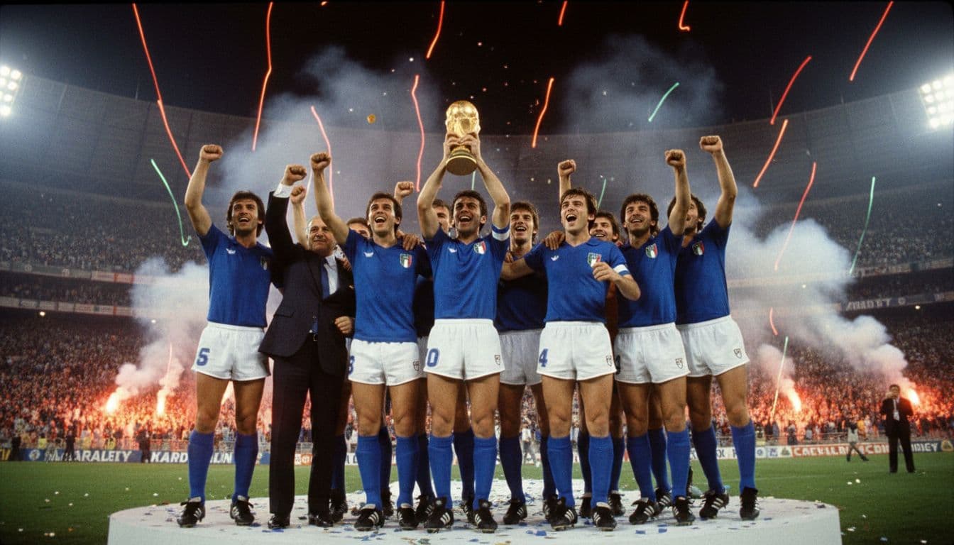 Italian national football team Azzurri celebrates their 1982 World Cup final victory on the podium, players in blue jerseys lifting the trophy in a packed night stadium with flares, cheering crowd, and prominent Paolo Rossi.