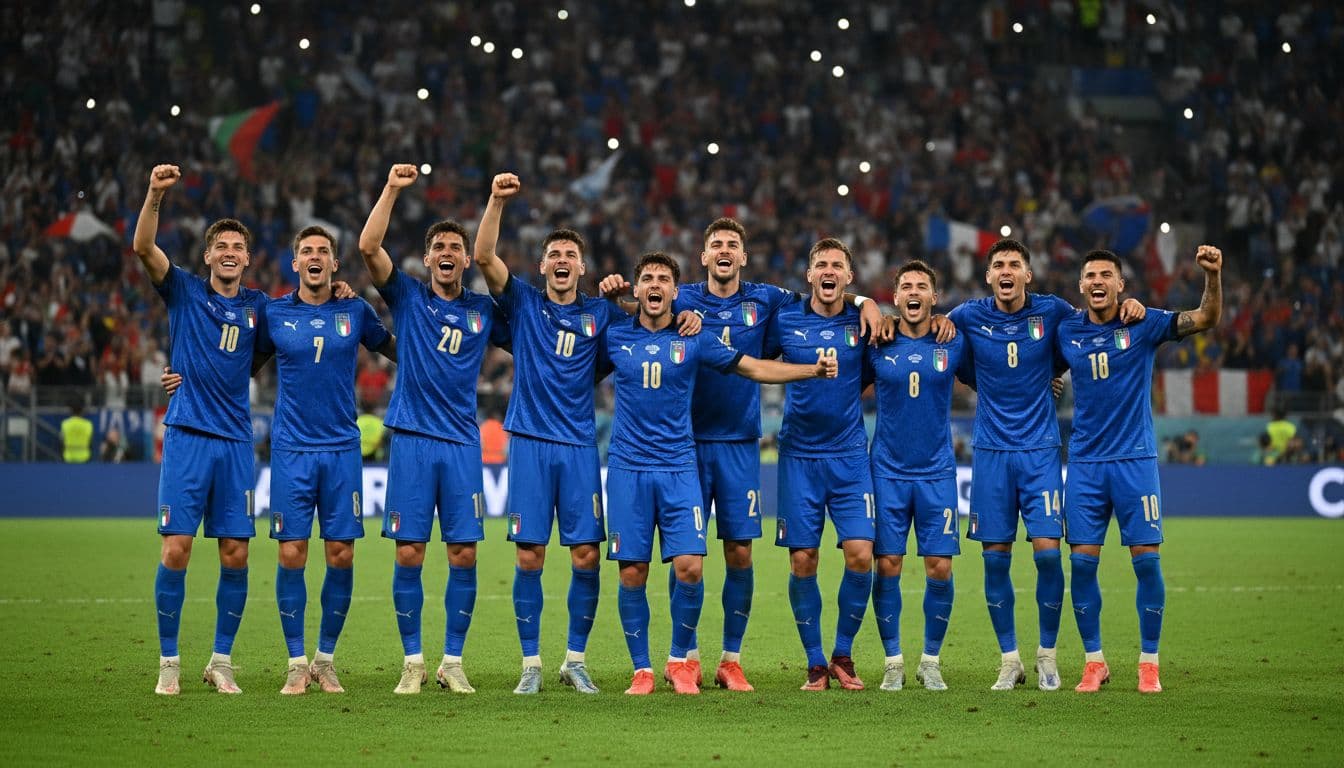 Italian national football team Azzurri players in blue jerseys huddle on the pitch with raised arms, celebrating their strong opening victory in the World Cup group stage first match under stadium lights at night, with blurred cheering crowd in background.
