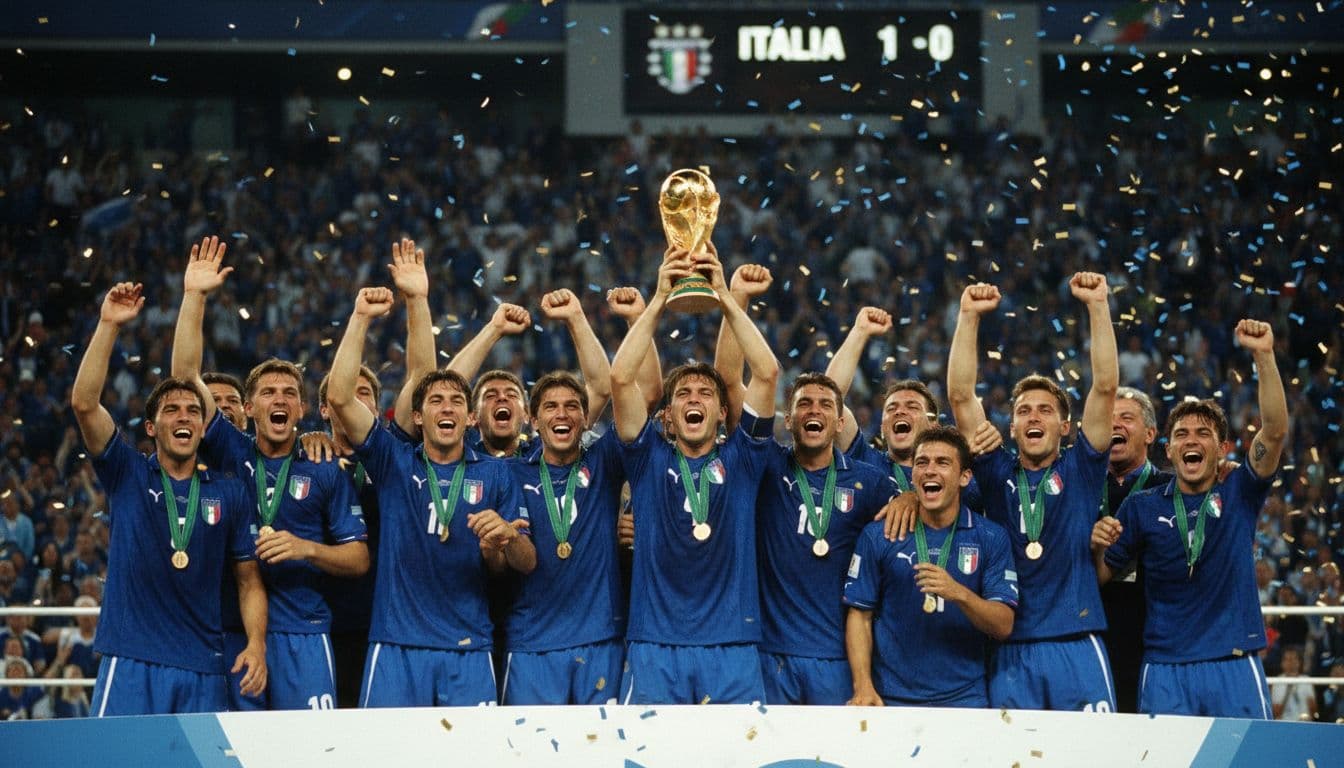 The Italian national team Azzurri celebrates their World Cup triumph by lifting the massive golden trophy on the podium in a packed stadium under bright night lights with cheering blue supporters.