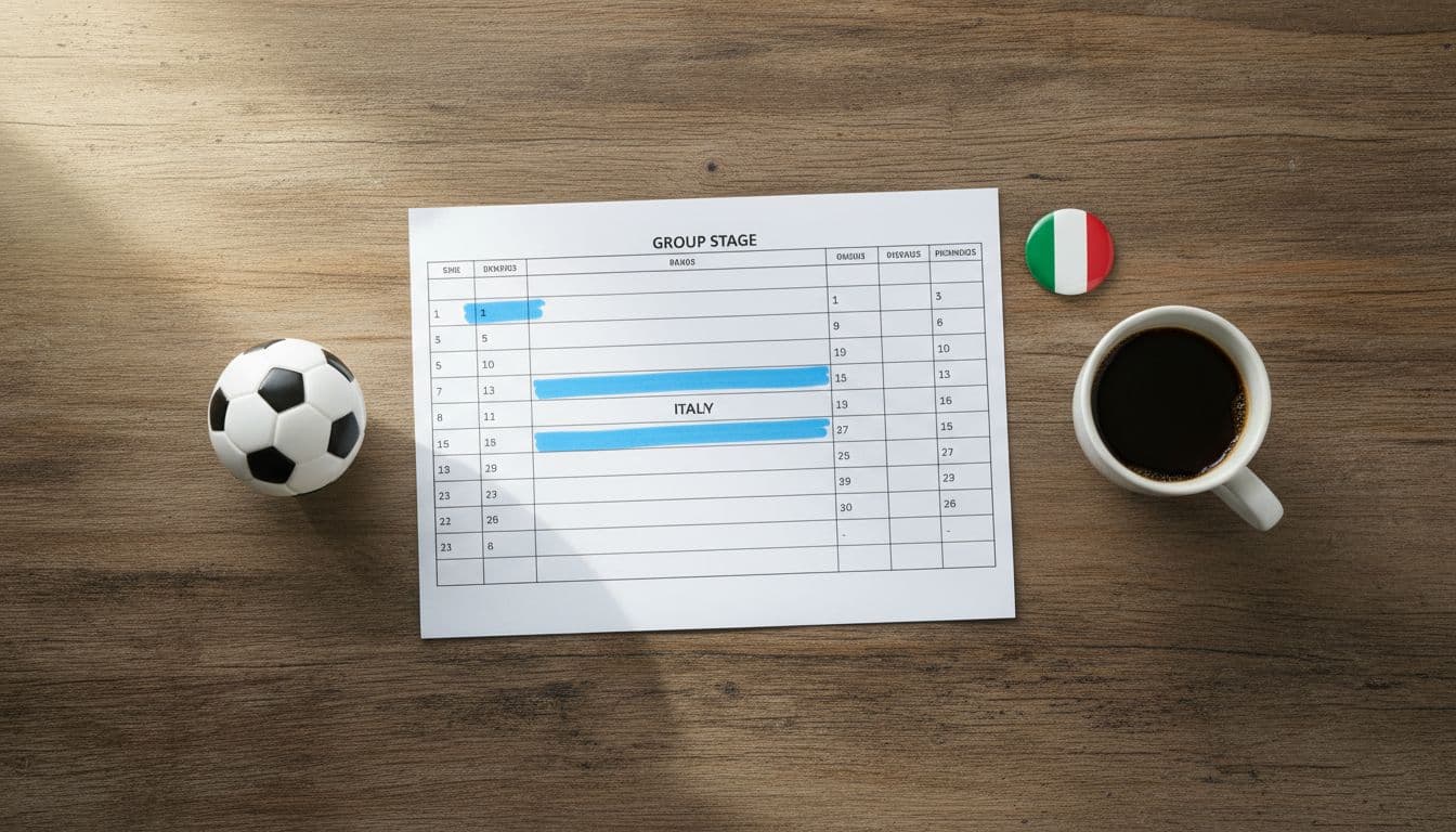 Realistic top-down flat lay of a wooden desk with printed World Cup group stage schedule highlighting Italy's matches in blue, soccer ball, coffee mug, and Italian flag pin, in natural morning light.