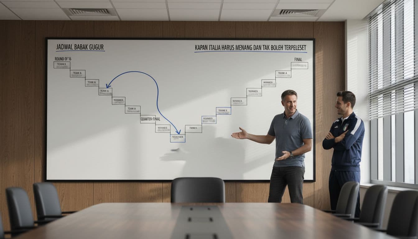 Clean World Cup knockout bracket from round of 16 to final with Italy's path marked in blue on a large whiteboard in a team meeting room. Coach and assistant discuss relaxedly under soft office lighting.