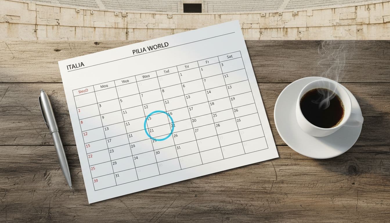 Komposisi flat lay dari atas meja kayu dengan satu lembar kalender jadwal pertandingan sepakbola Piala Dunia menyoroti Italia, satu pena, satu secangkir kopi, latar belakang dinding stadion Italia, gaya fotografi produk realistis dengan cahaya alami pagi hari.