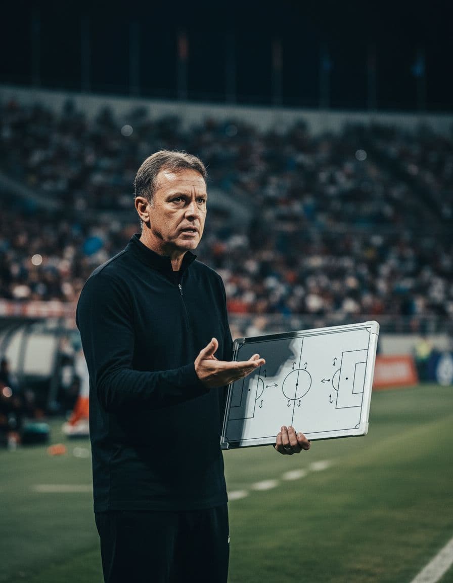 Jan Olde Riekerink stands on soccer sideline holding tactical whiteboard, gesturing focusedly with blurred stadium crowd behind.