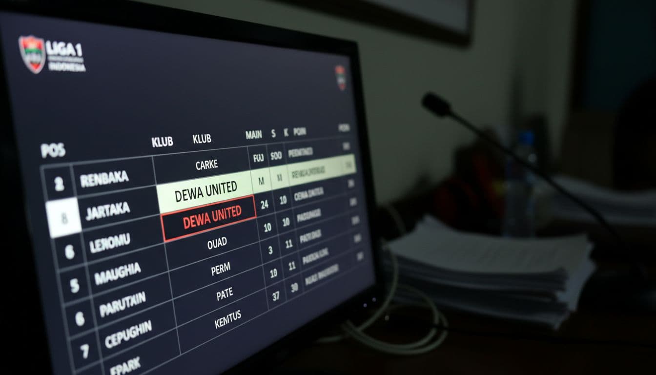 Close-up of Liga 1 Indonesia league table on stadium press room screen, Dewa United highlighted at 8th with 37 points.