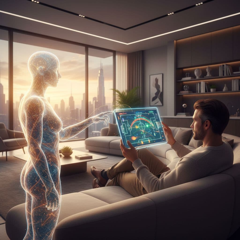 A man relaxes in a modern living room, examining a stylized 3D soccer pitch on a futuristic tablet, assisted by a faint light-based AI statistician aura.