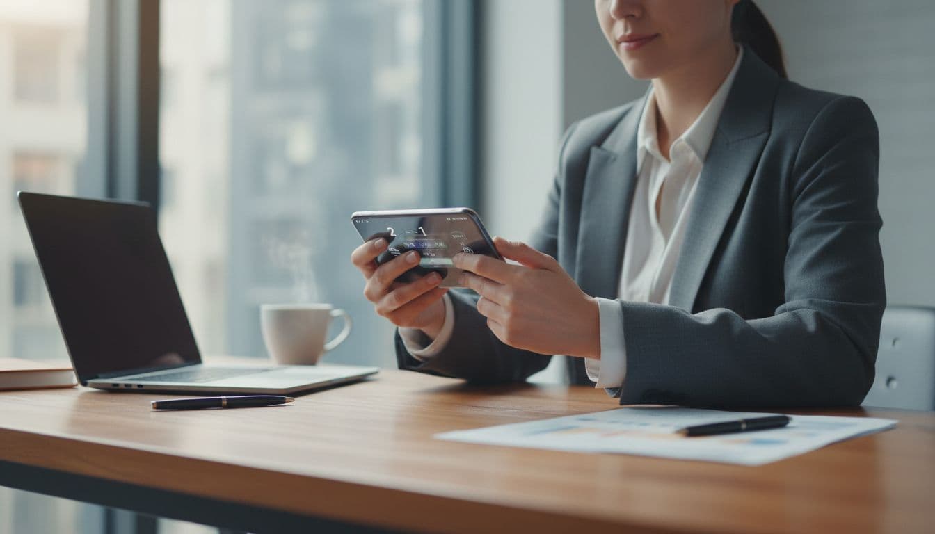 A busy office worker in professional attire checks a smartphone with a soccer live score app open, showing updating match details, at a desk with laptop and coffee under natural window light.