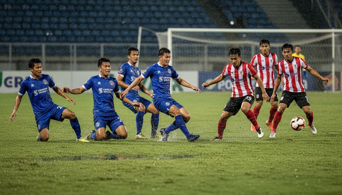 PSBS Biak players in blue jerseys scramble to defend against fierce opponent attack on wet pitch under stadium lights.