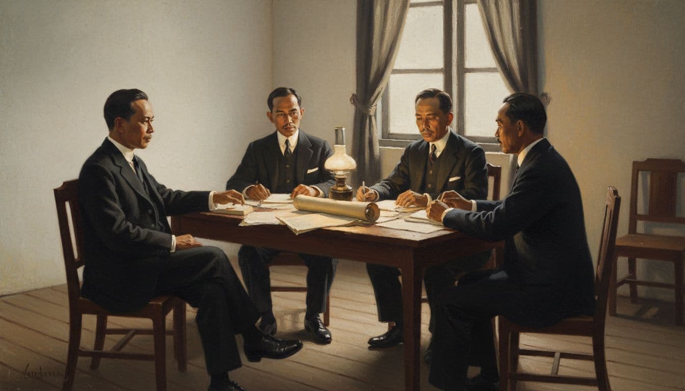 Five Indonesian men in formal attire sit seriously around a table with documents in a simple room.
