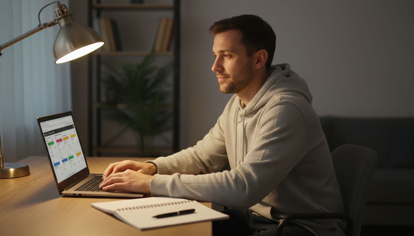 A relaxed soccer fan sits at a home desk in evening lamp light, reviewing match schedule, recent results, and basic stats vaguely shown on a laptop screen, with notebook and pen nearby.