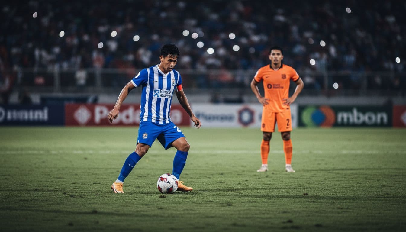 Ricky Kambuaya controls soccer ball in midfield during night match with blurred stadium crowd background.