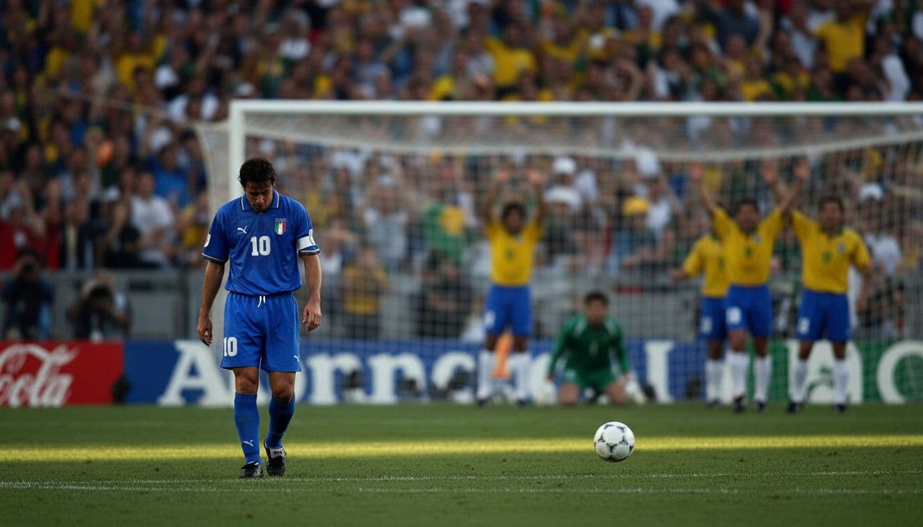 Roberto Baggio misses the decisive penalty kick in the 1994 World Cup final shootout against Brazil, with the ball hitting the post and Baggio walking away dejected amid a blurred stadium crowd.