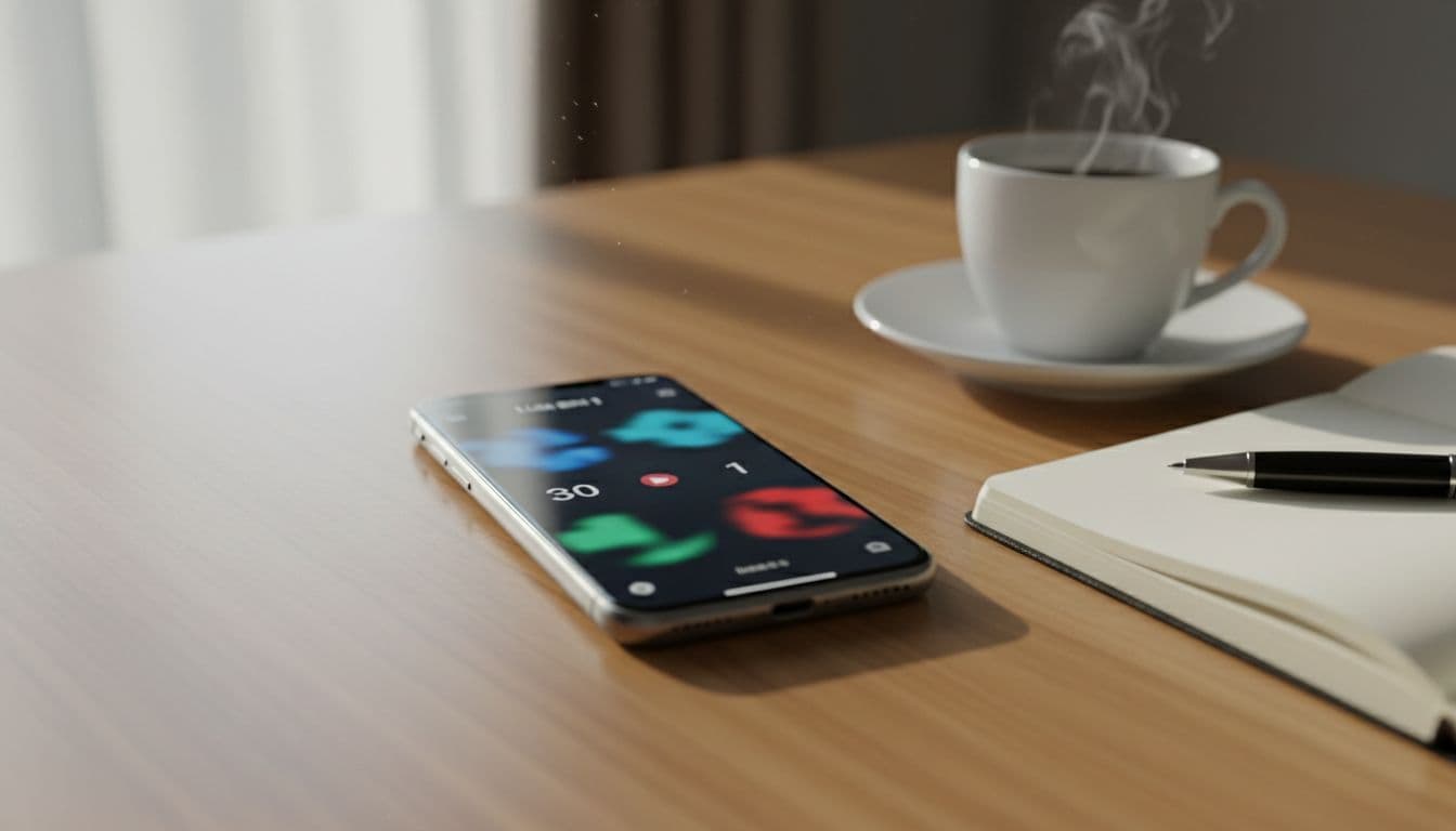Smartphone on wooden table shows blurred live Liga BRI 1 soccer score updates, coffee cup and notebook nearby in natural daylight.