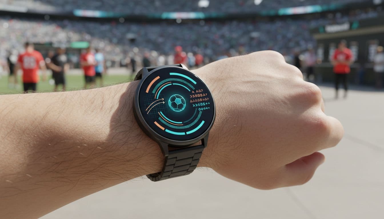 Close-up shot of a person's wrist wearing a sleek, modern smartwatch displaying detailed, real-time football statistics and scores on its circular screen. The background is slightly blurred, suggesting an active stadium concourse setting.