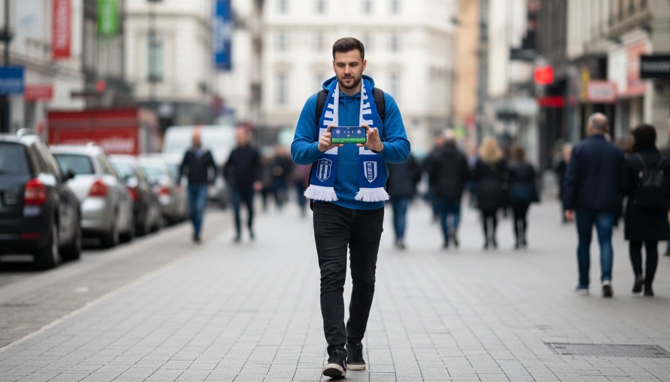 A single soccer fan walks relaxed on a busy urban street, comfortably holding a smartphone to view a vague soccer match livescore app interface during daylight.