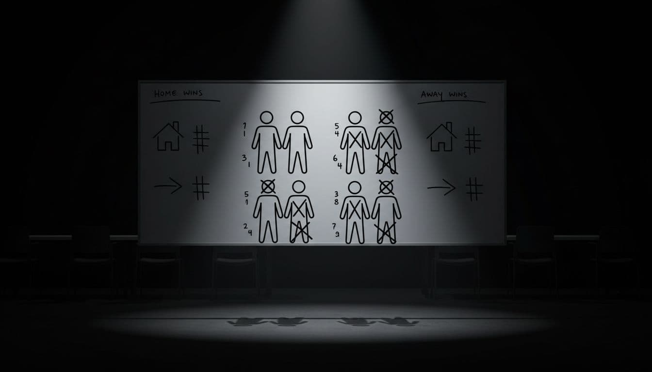 Whiteboard in dim strategy room shows icons for two soccer teams' home-away wins and injured player silhouettes.