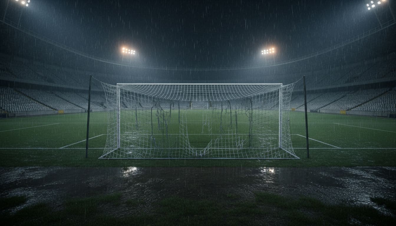 Empty night soccer field with torn goal net, rain-slicked pitch, dim stadium lights.