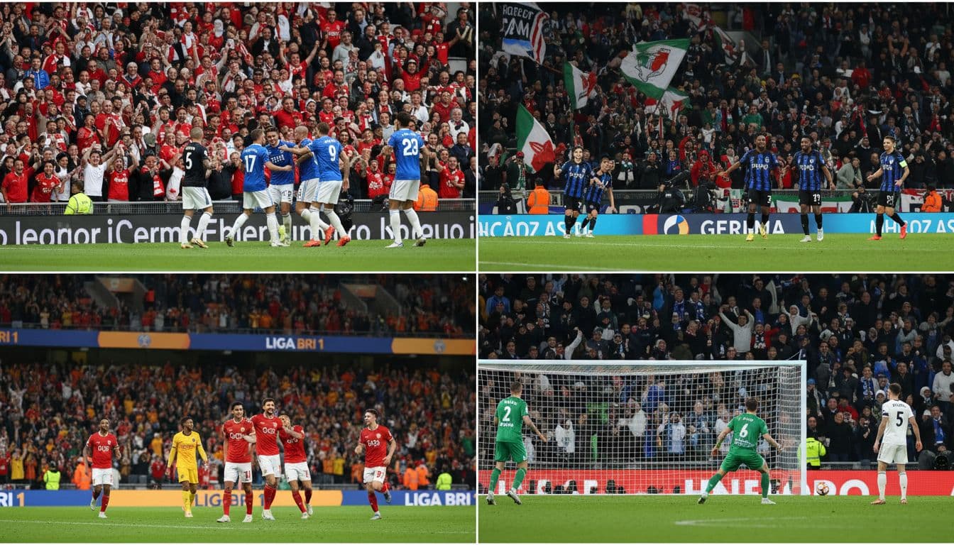 Split-screen view of simultaneous soccer matches from Premier League, Serie A, and Liga BRI 1 with cheering crowds and goal action.