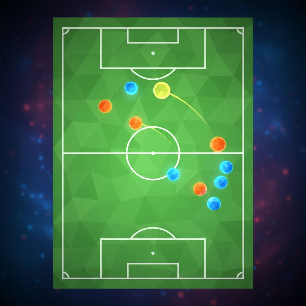 A clean, top-down perspective of a soccer pitch in smooth low-polygon 3D style, with abstract player markers fluidly moving across the green field to show ball possession and passing. Dark abstract background focuses attention on the dynamic field graphic with high motion feel and no text or interface elements.