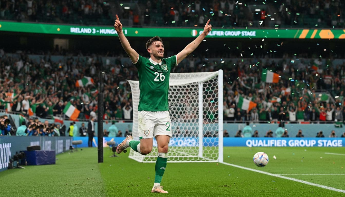 Troy Parrott in Republic of Ireland green jersey celebrating his hat-trick goal against Hungary in a World Cup 2026 qualifier match, with dynamic stadium scene, cheering fans, night lighting, and realistic photography style.
