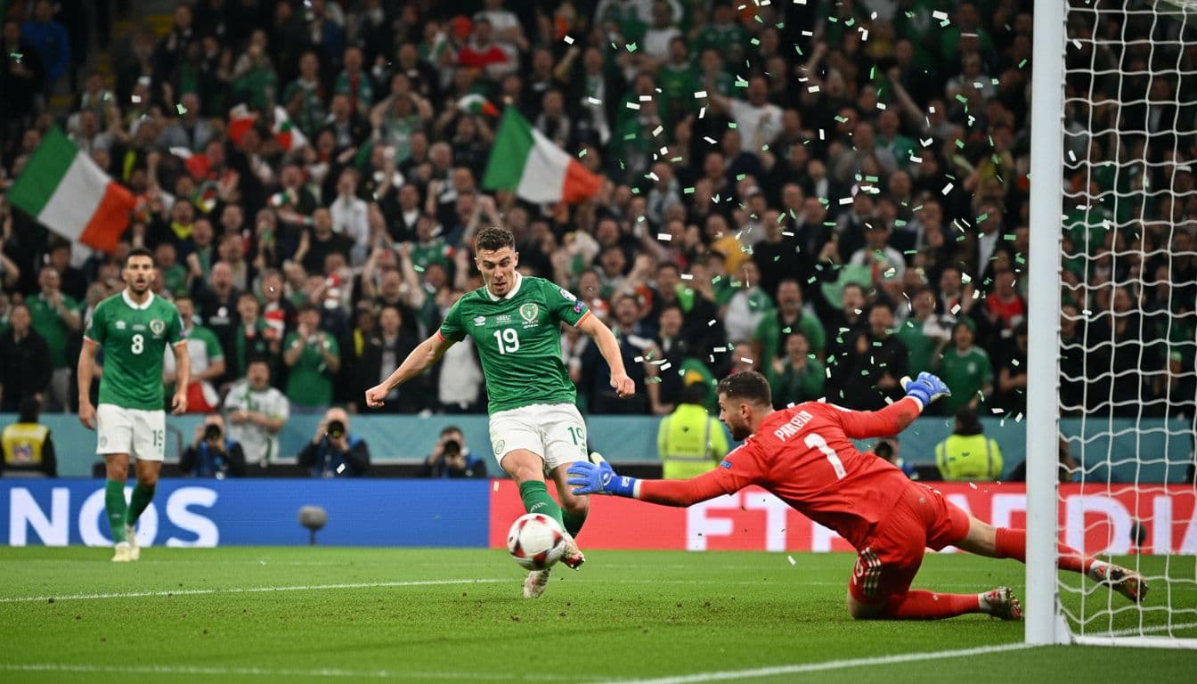 Troy Parrott scores the decisive hat-trick goal for Republic of Ireland against Hungary in a thrilling World Cup qualifier, kicking the ball into the net past a diving goalkeeper amid an excited stadium crowd under night lights.