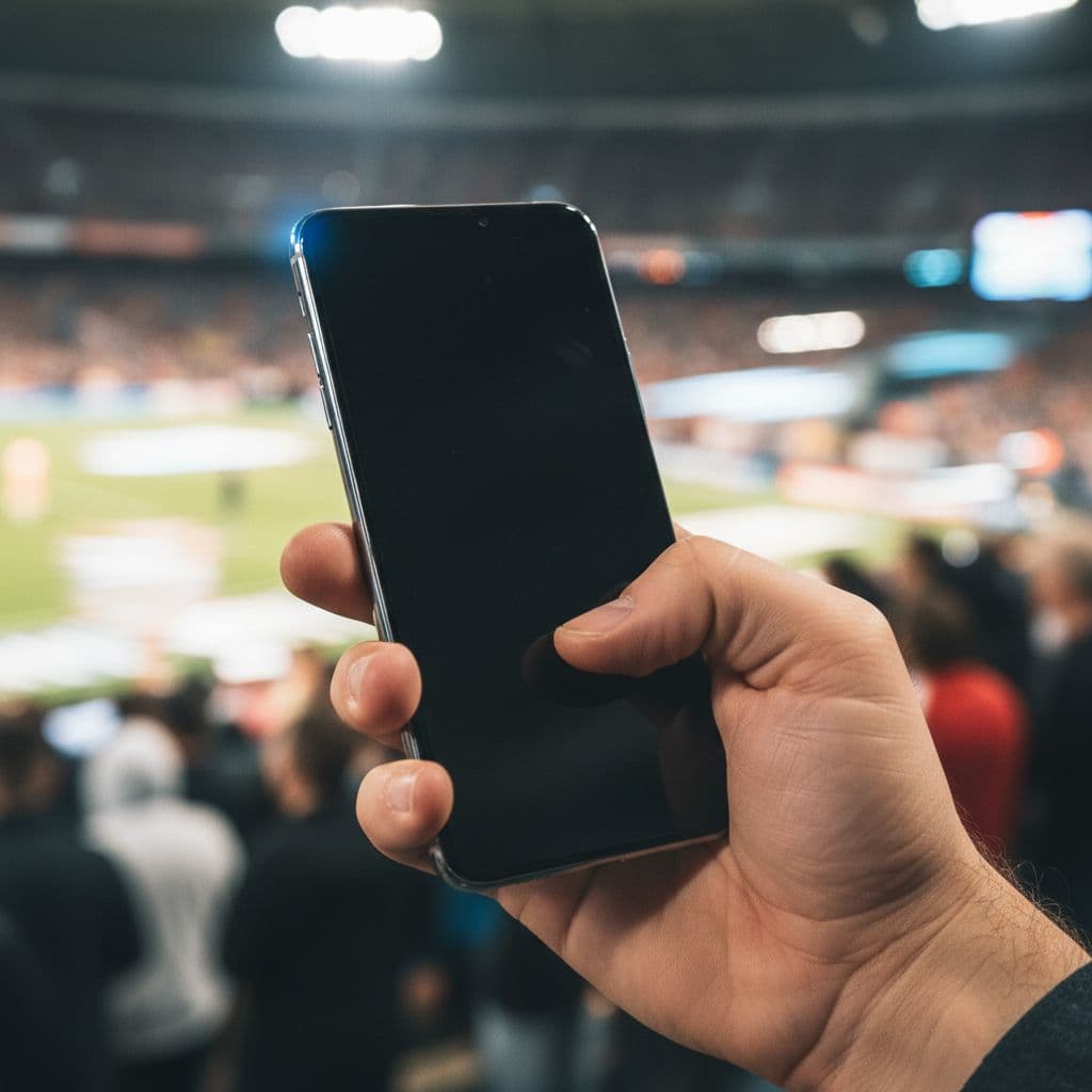 Close-up of a modern smartphone vibrating in one hand with a subtle notification glow, against a blurred brightly lit stadium crowd suggesting a goal moment. Realistic photo emphasizing tactile vibration sensation, shallow depth of field.