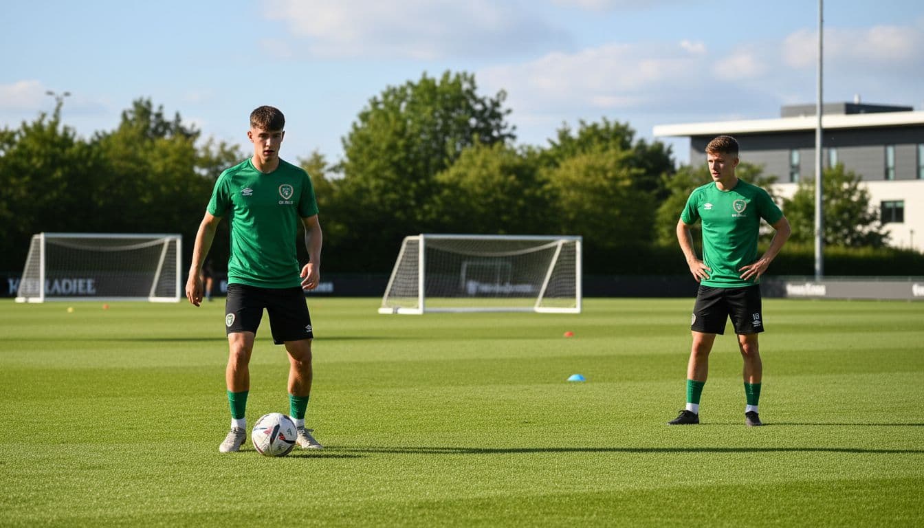 Young Republic of Ireland football players Evan Ferguson and Troy Parrott engage in a training session on a modern grass field, wearing green jerseys with focused expressions and relaxed poses under natural daylight.
