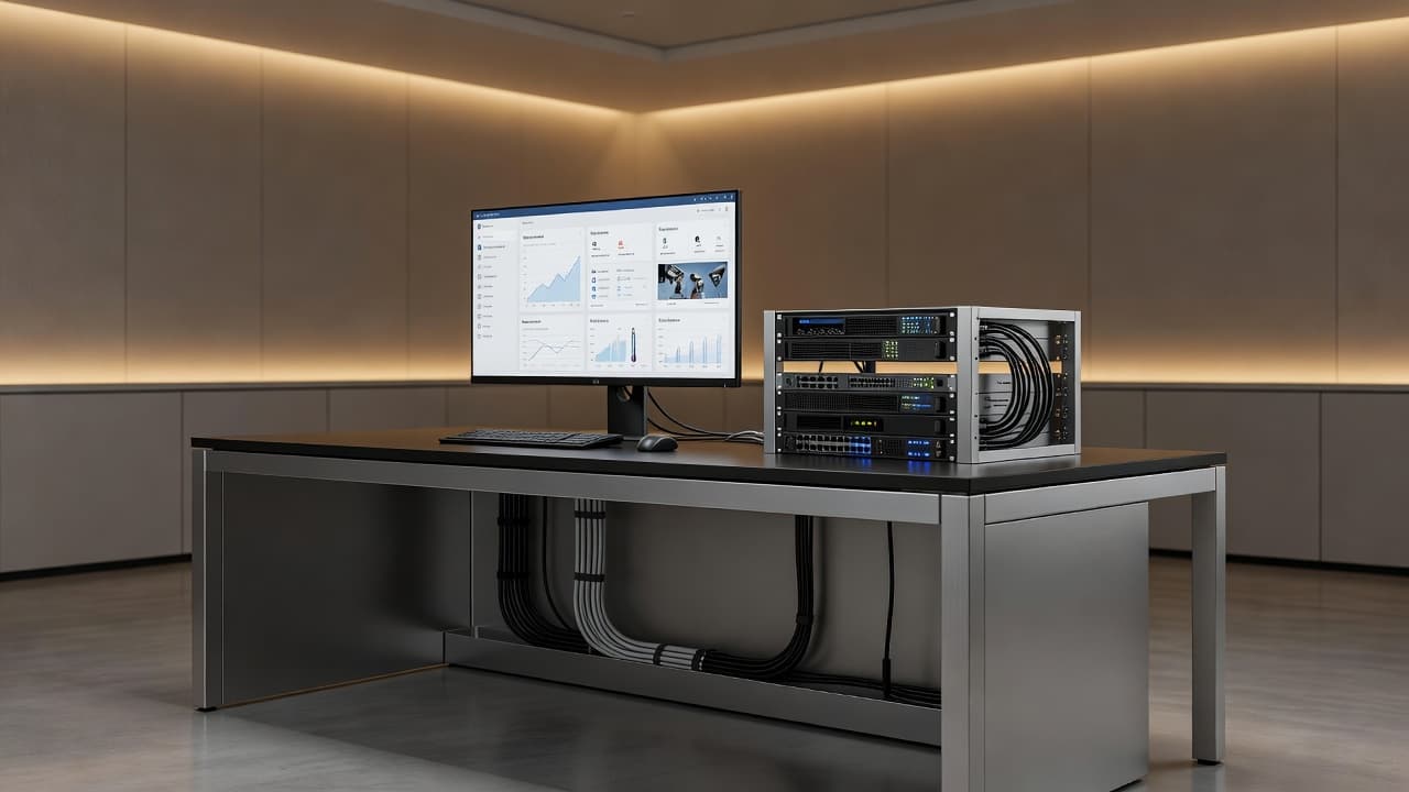 A sleek desk features a glowing monitor displaying home automation interfaces. Nearby, organized network server racks and neatly bundled cables demonstrate a professional and highly efficient residential smart technology infrastructure system.