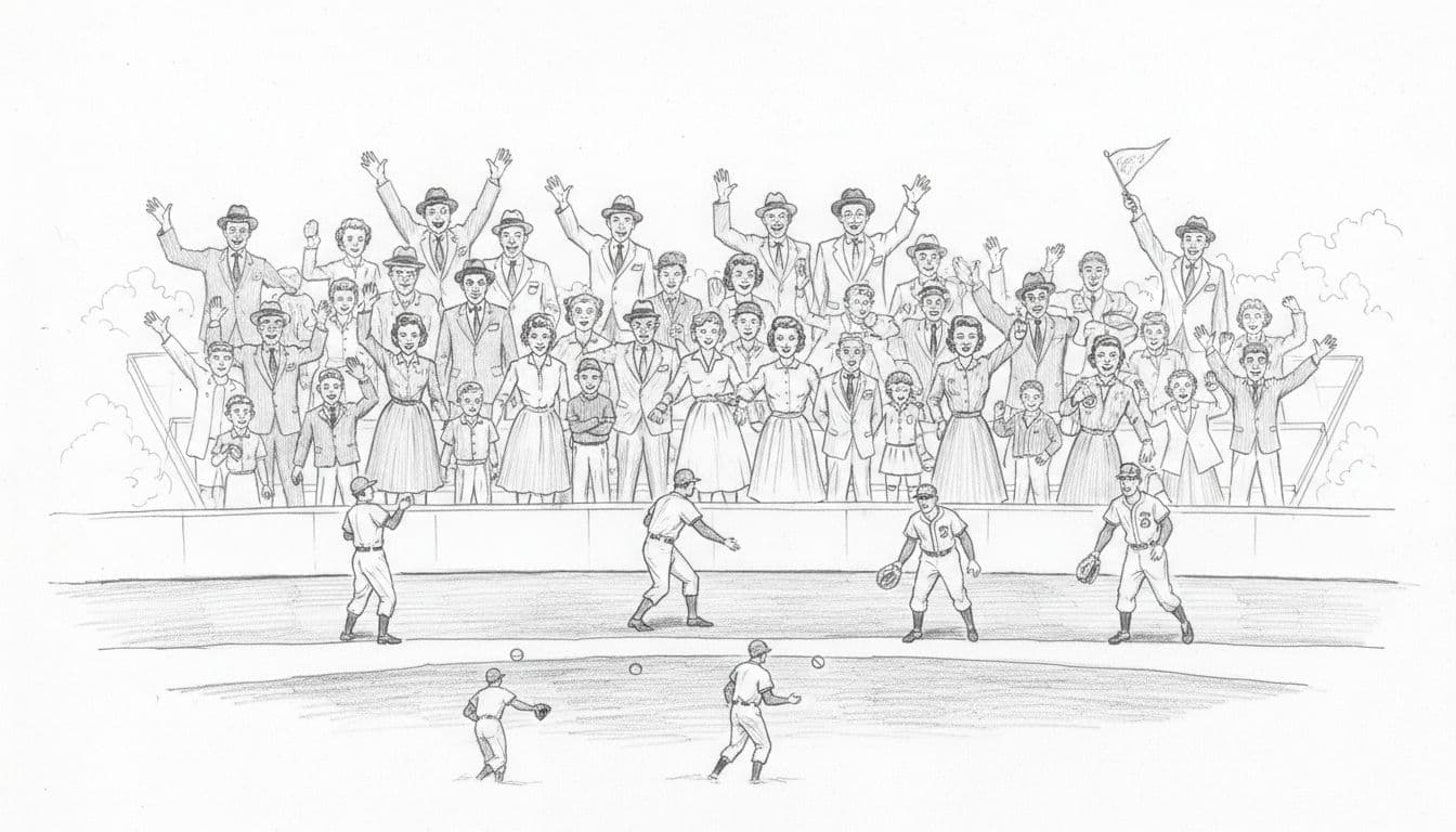 Excited Baltimore fans in 1950s clothing fill the stands at Memorial Stadium, cheering with pennants during the first Orioles Opening Day in 1954, viewed from mid-stands with players warming up on the field below in a hand-drawn graphite sketch style.