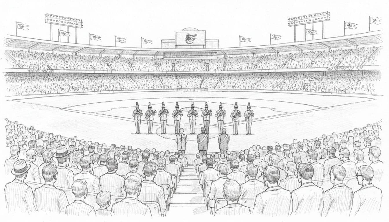 Hand-drawn sketch of a marching band on the field and packed family crowds in the stands at Memorial Stadium during a 1960s Baltimore Orioles Opening Day, with dignitaries at home plate ceremony and pennants waving in bright spring sunlight.