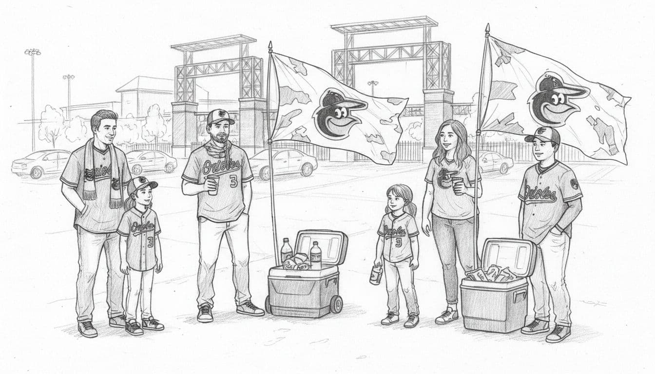Hand-drawn sketch depicting six contemporary Baltimore Orioles fans in orange and black apparel tailgating outside Camden Yards on Opening Day, with families holding coolers and flags, chatting and smiling in spring morning light.