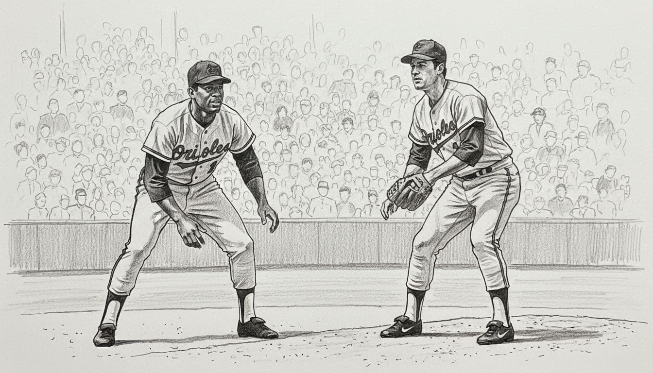 Hand-drawn monochromatic sketch of Brooks Robinson in Orioles uniform at third base ready to field and Jim Palmer on the pitcher's mound in relaxed delivery pose, with blurred cheering crowd at Memorial Stadium in the background.