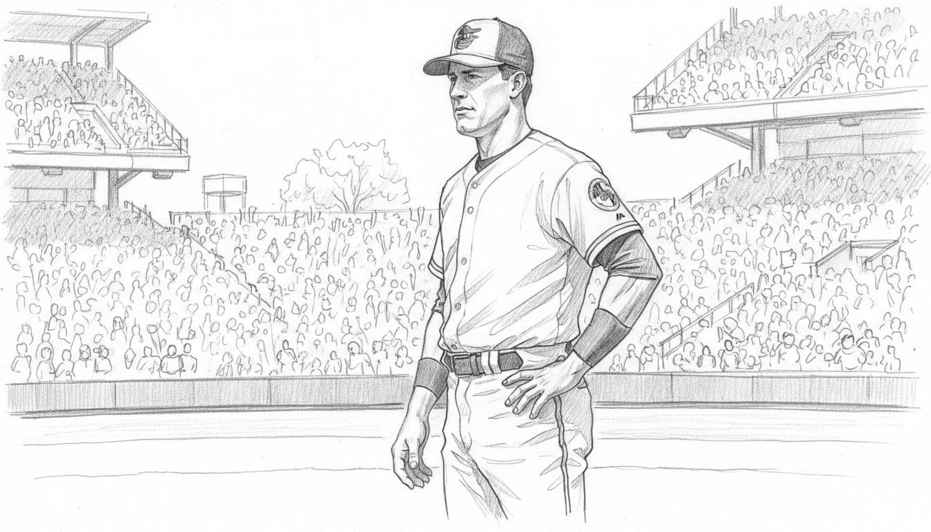 Hand-drawn graphite sketch of Cal Ripken Jr. in Baltimore Orioles uniform standing confidently at shortstop on a sunny Opening Day at Camden Yards, with blurred cheering fans in the background.