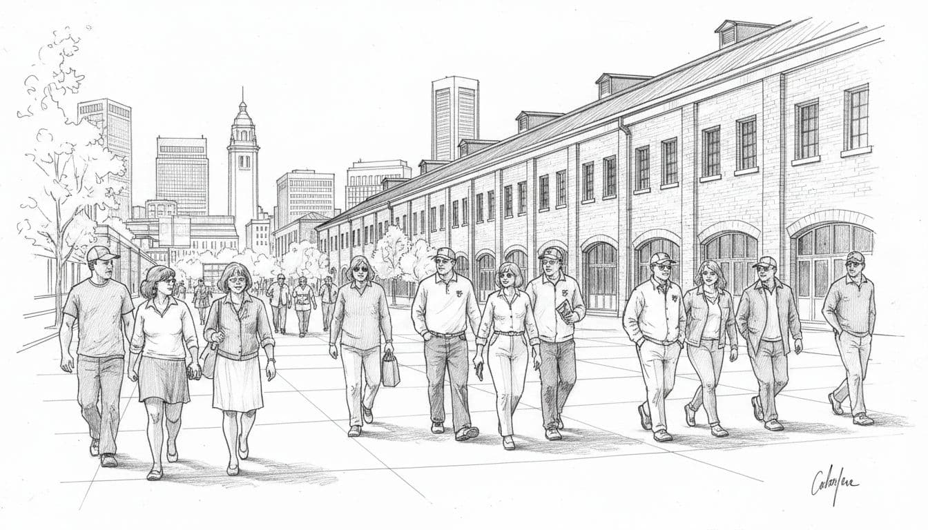 Exterior sketch of Oriole Park at Camden Yards on its first Opening Day in 1992, featuring 8-10 fans strolling along Eutaw Street with the warehouse behind and Baltimore skyline in the distance. Hand-drawn graphite linework with light shading in monochromatic palette, capturing spring excitement in a wide landscape street-level view.