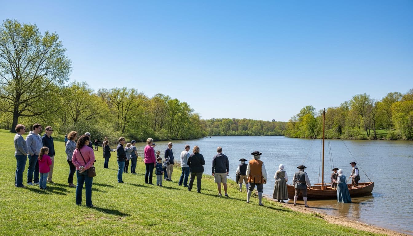 Families and visitors of various ages watch actors in 17th-century colonial costumes reenact the 1634 settler landing from small boats onto the shore at a historic riverside park in St. Mary's County, with spring greenery and the Potomac River in the background on a bright sunny day.