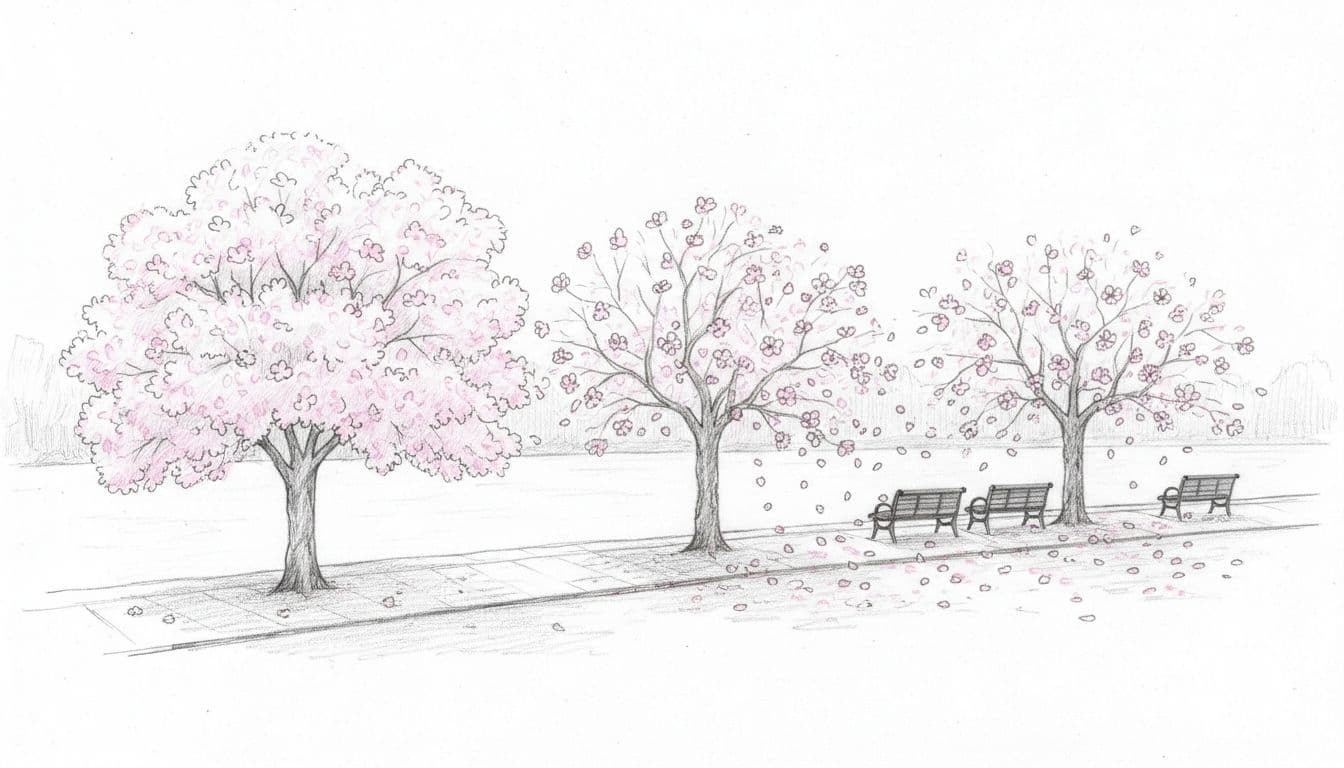Hand-drawn graphite sketch of three cherry blossom trees side by side along a calm path near the Tidal Basin, showing full dense bloom on the left, half-bloomed middle tree, and sparse blooms with falling petals on the right, under soft morning light with benches in the background.