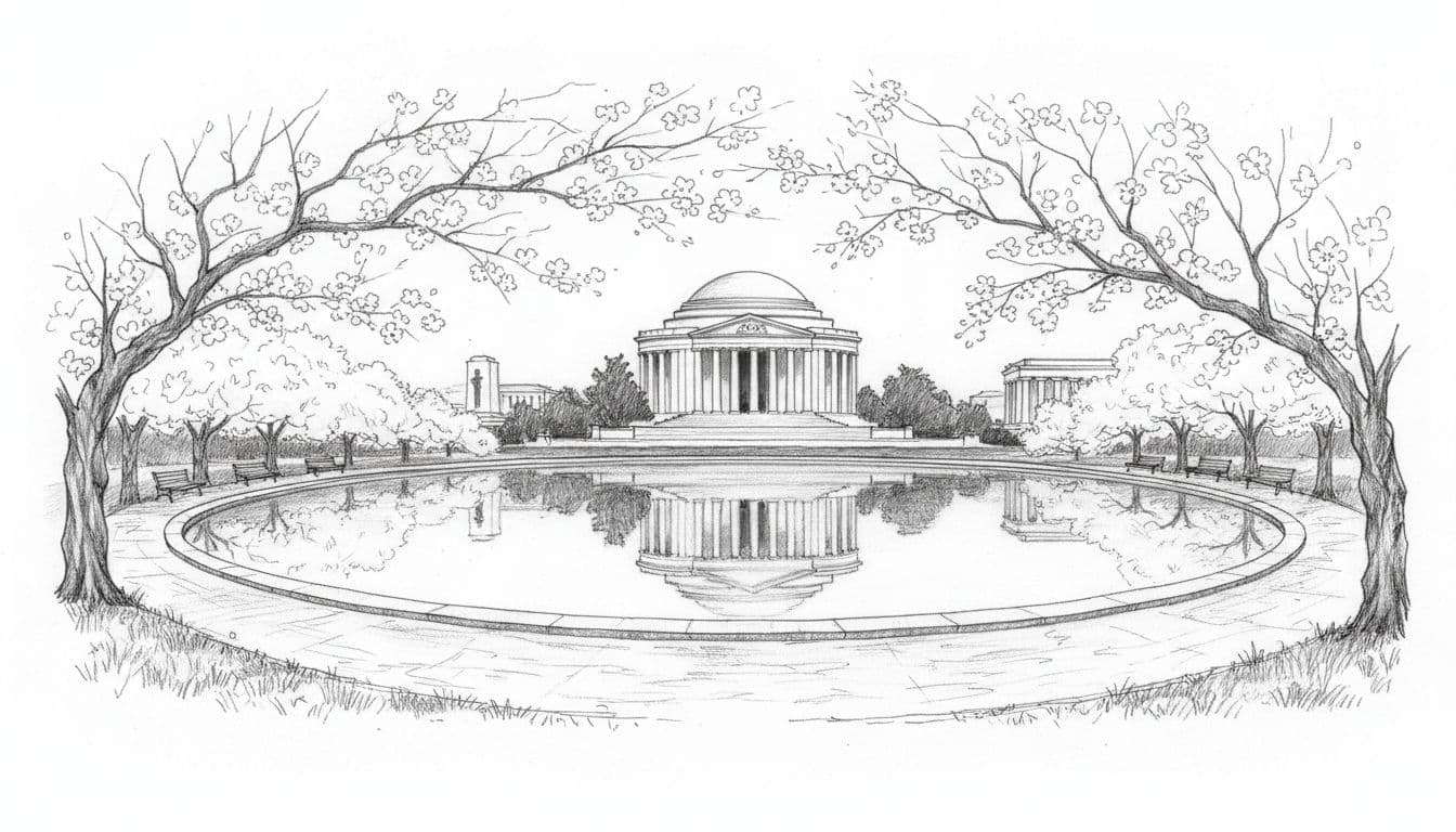 Hand-drawn graphite sketch depicting the curving loop path lined with blooming cherry trees around the reflective Tidal Basin, with Jefferson Memorial centered across the water and distant MLK and FDR memorials on the sides. Serene park scene featuring benches along the path, in monochromatic linework and light shading on clean white paper.
