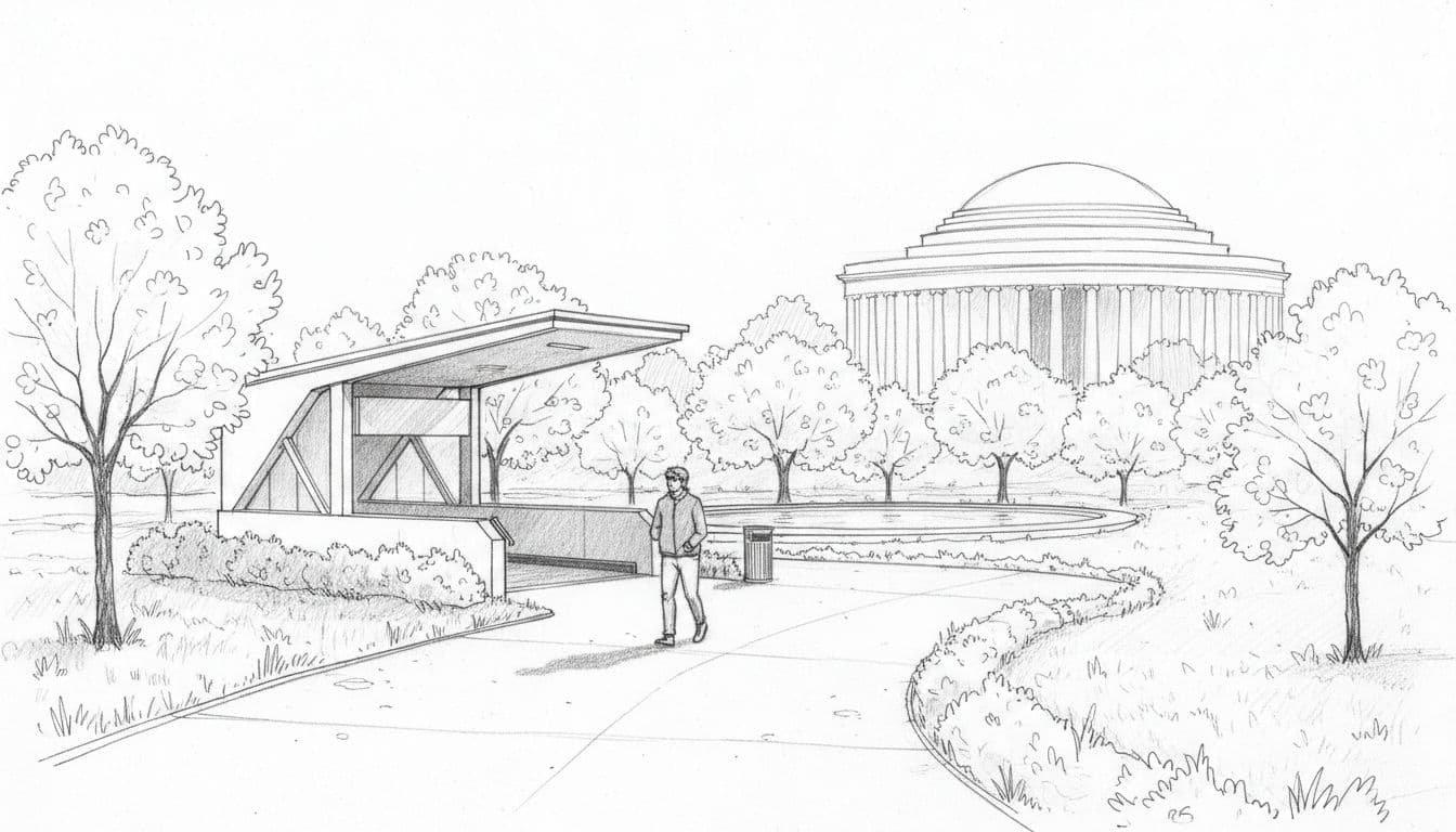 Hand-drawn graphite sketch of a single relaxed walker on a paved path exiting a simple Metro station entrance, heading to distant cherry blossom trees around a water basin with Jefferson Memorial silhouette in morning light urban park setting.