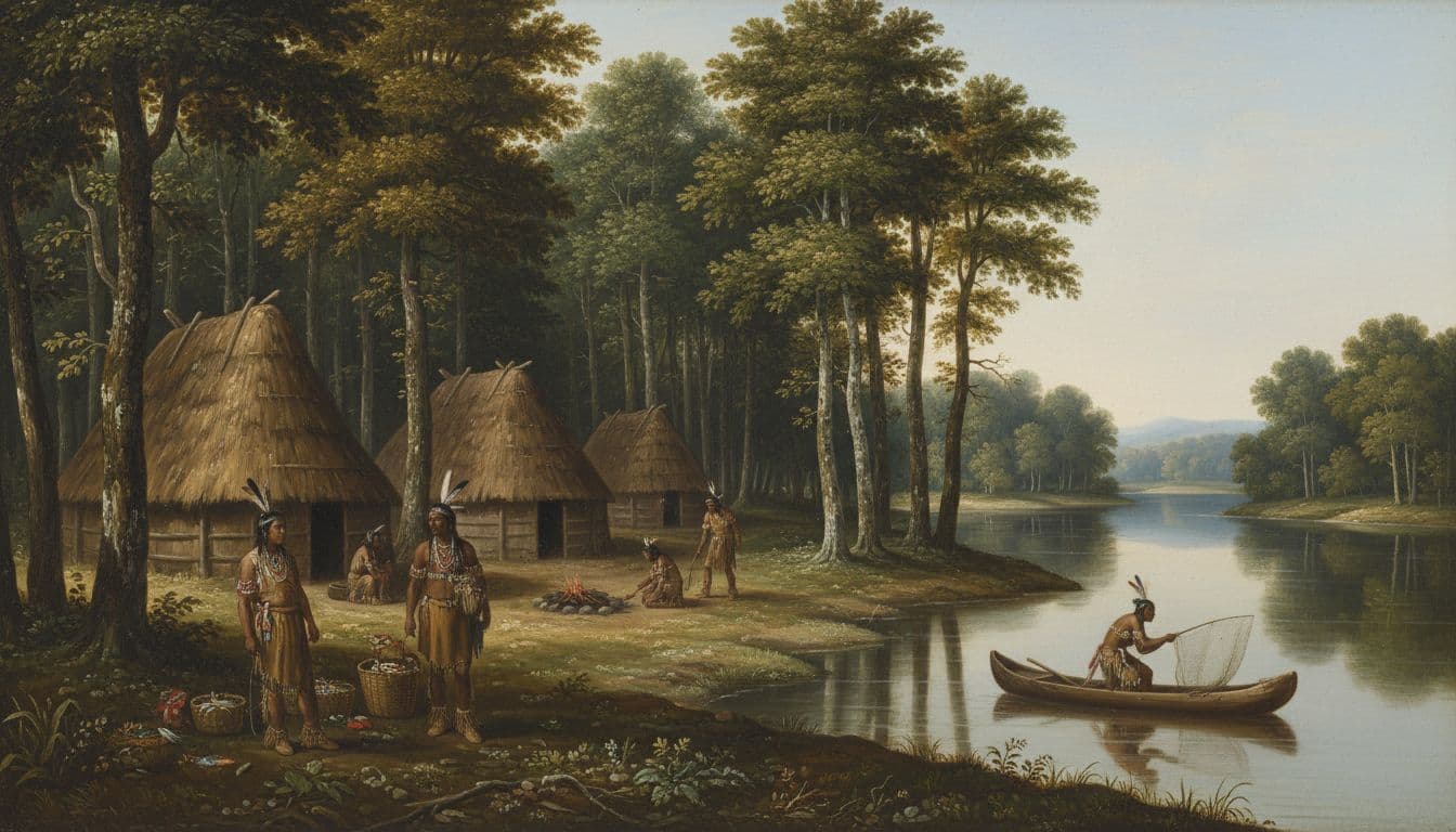 Yaocomico Native American village along a calm Potomac River shore in early 1600s Maryland, featuring traditional bark-covered longhouses in a wooded clearing and a small group of six Indigenous people in deerskin clothing engaged in daily activities like fishing and gathering plants.