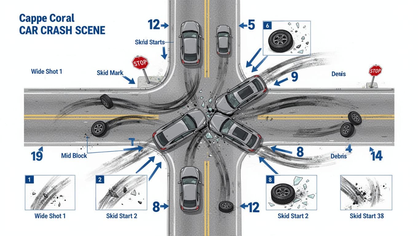 Clean, print-ready infographic illustrating a top-down diagram of a two-car T-bone collision at a 4-way intersection, featuring skid marks, debris, lane lines, stop sign, and 12 labeled photo positions from wide shots to close-ups for legal documentation.