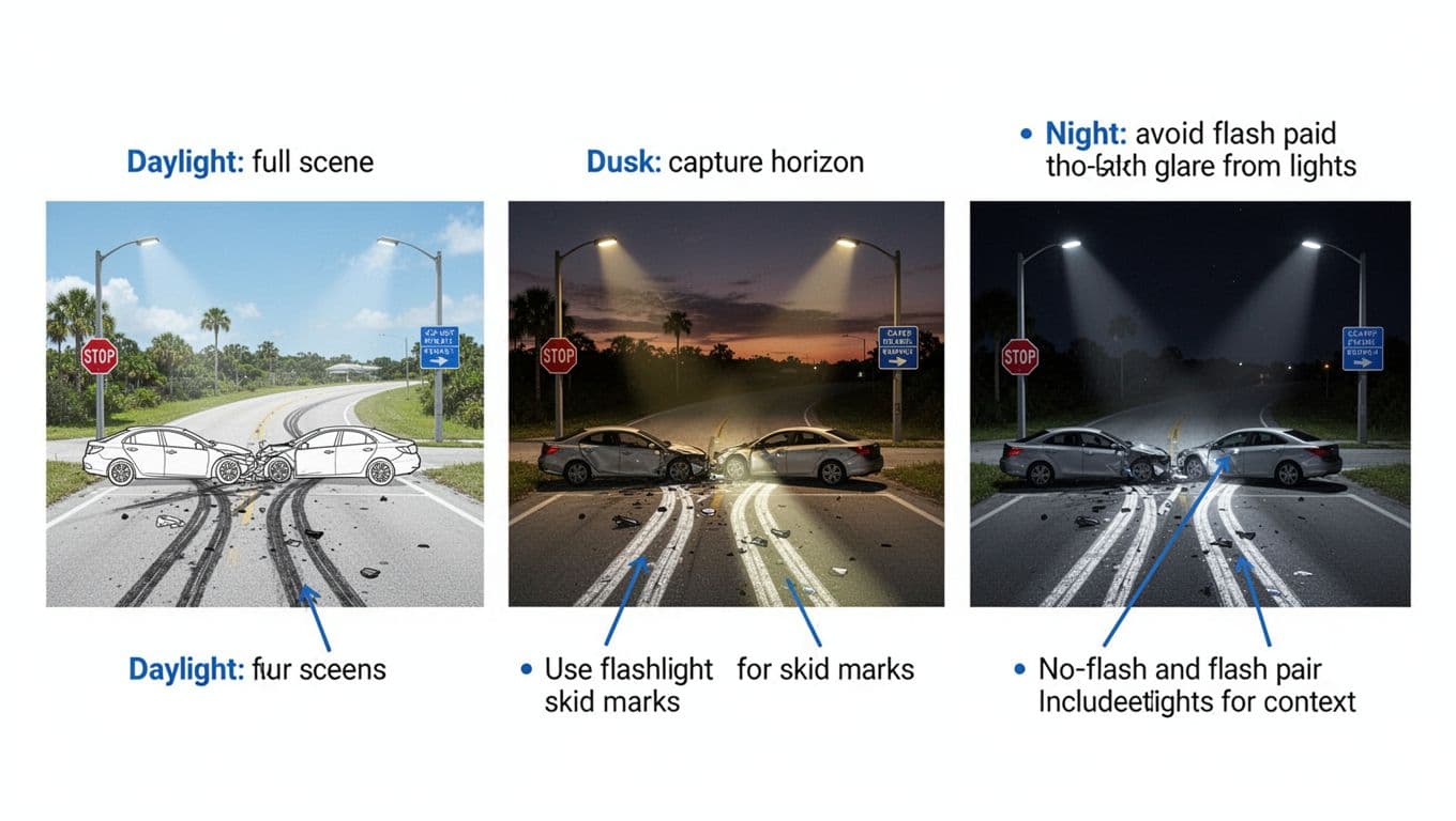 Clean, print-ready infographic in flat vector style depicting a two-car collision intersection in three lighting conditions (daylight, dusk, and night) with callouts for optimal photography techniques like using flashlights for skid marks and avoiding glare.