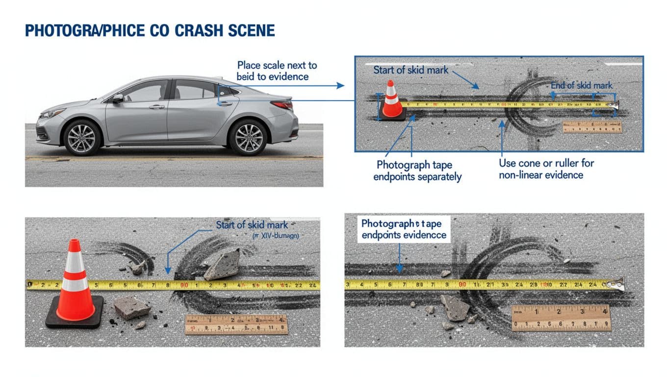 Clean, print-ready infographic in minimal flat vector style showing side and top-down views of photographing car crash evidence with measuring tape on skid marks, traffic cone for debris scale, and ruler for tire marks, including labeled callouts and arrows.