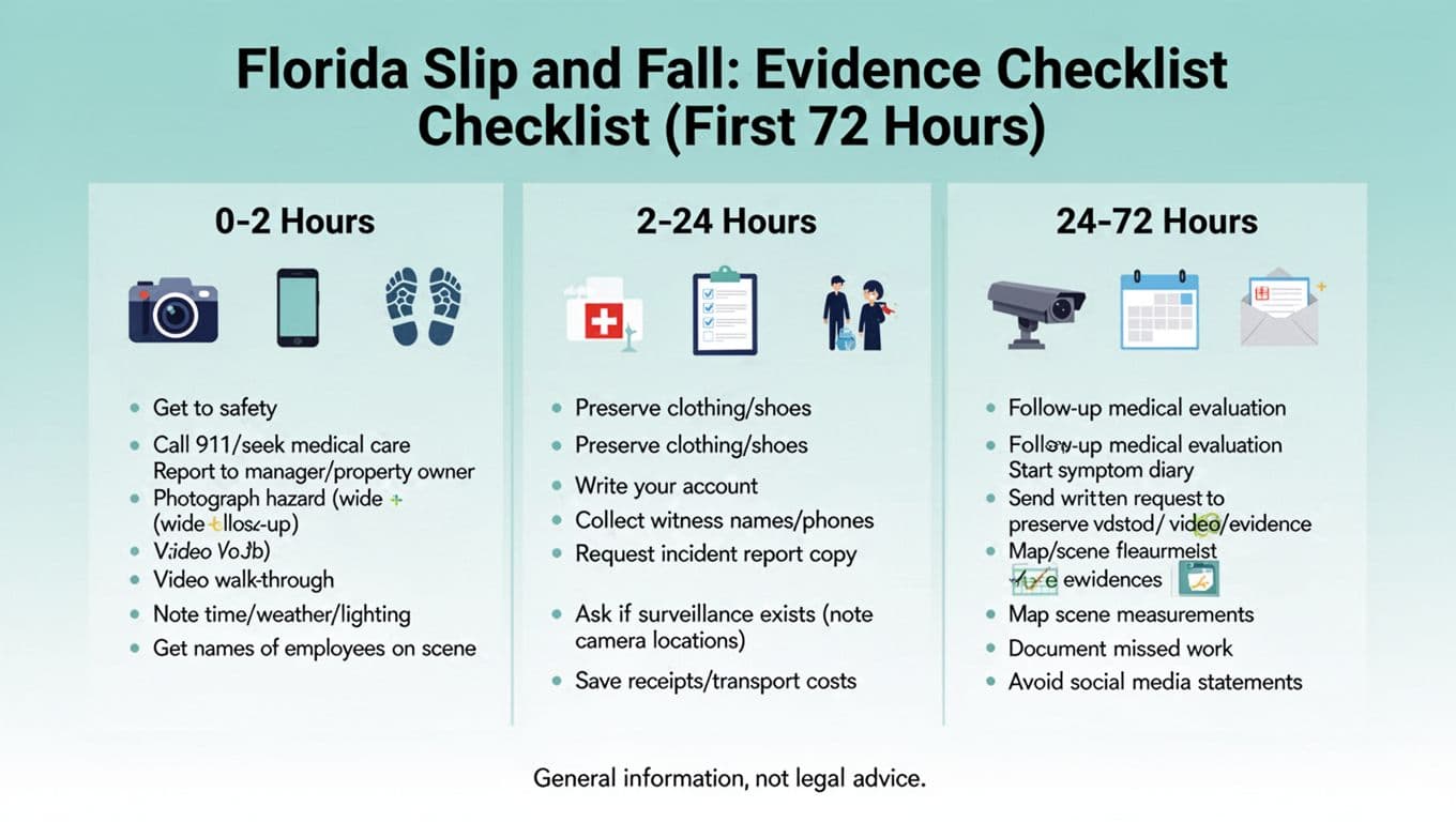A professional vertical timeline infographic providing a concise checklist for gathering evidence after a slip and fall incident in Florida, divided into 0-2 hours, 2-24 hours, and 24-72 hours sections with flat icons and Florida-themed colors.