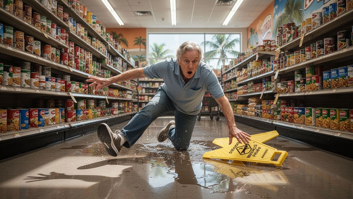 Realistic scene of a middle-aged person falling forward on a wet floor in a Florida grocery store aisle, arms outstretched in surprise, knocking over a yellow wet floor sign amid shelves of canned goods.