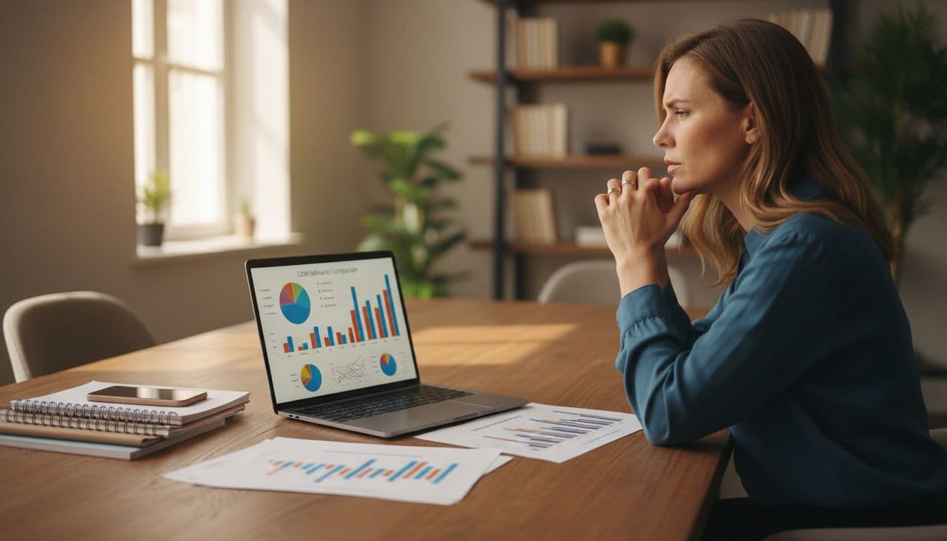 Business owner at modern home office desk reviews CRM comparison charts on paper and laptop. CRM management software